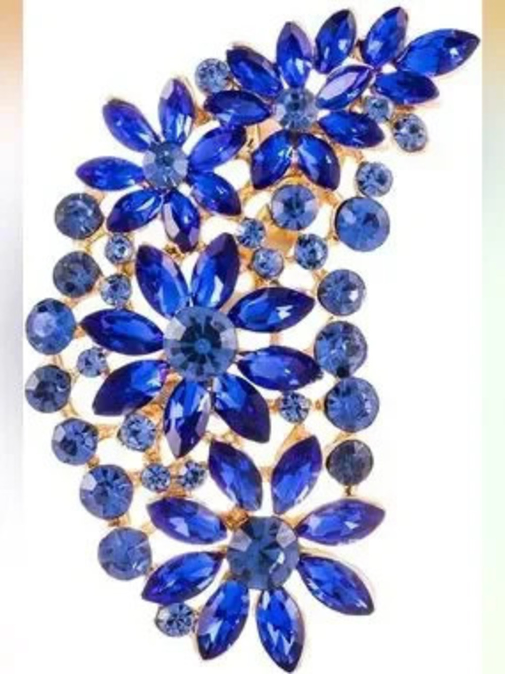 Anthropologie Blue Crystal Floral Pin with Gold Tone